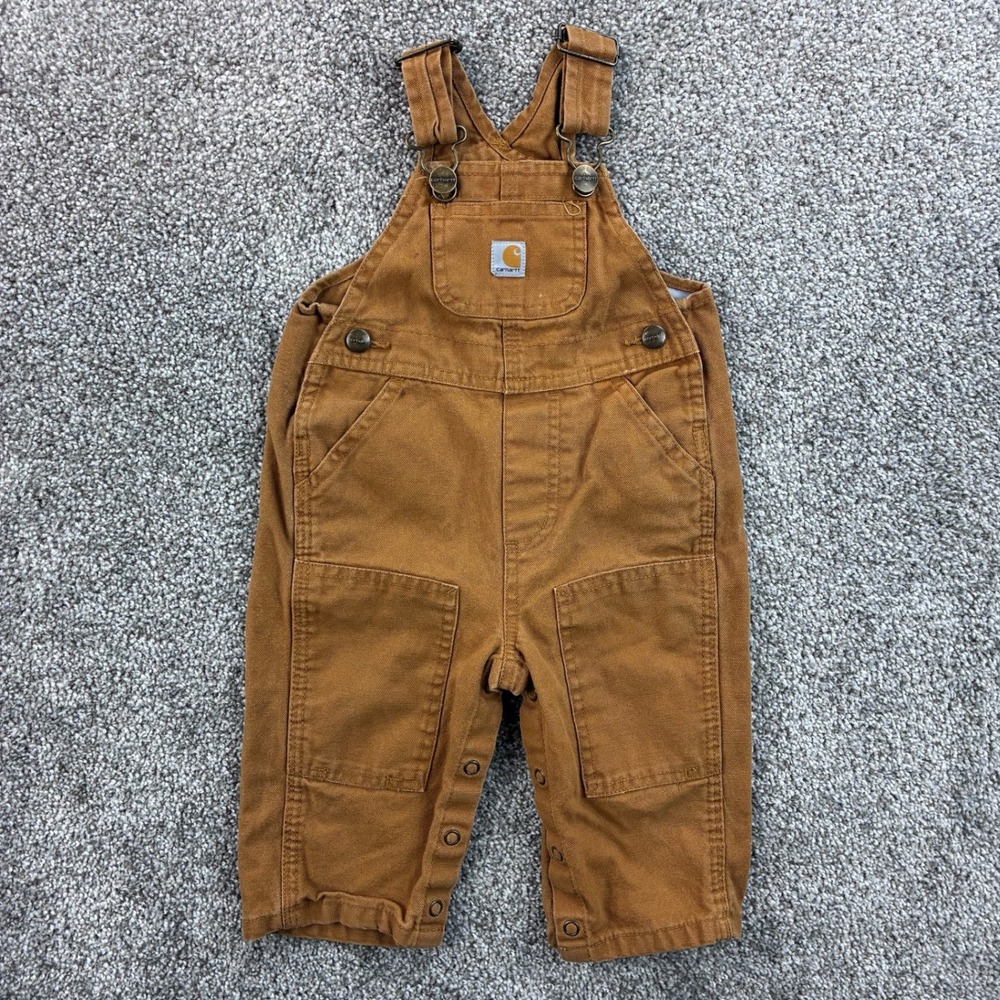 Vintage Carhartt Overalls Kids 9M Brown Cotton Double Knee Duck Bibs Y36 BRN